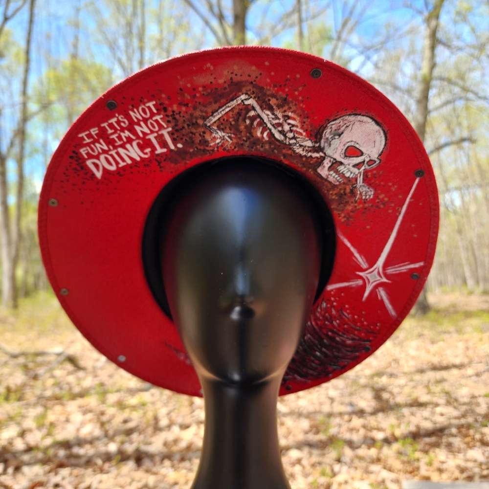 Grunge Rock Red Studded Crawling Skeleton Goth Sun Hat Hand Painted Alt  Art